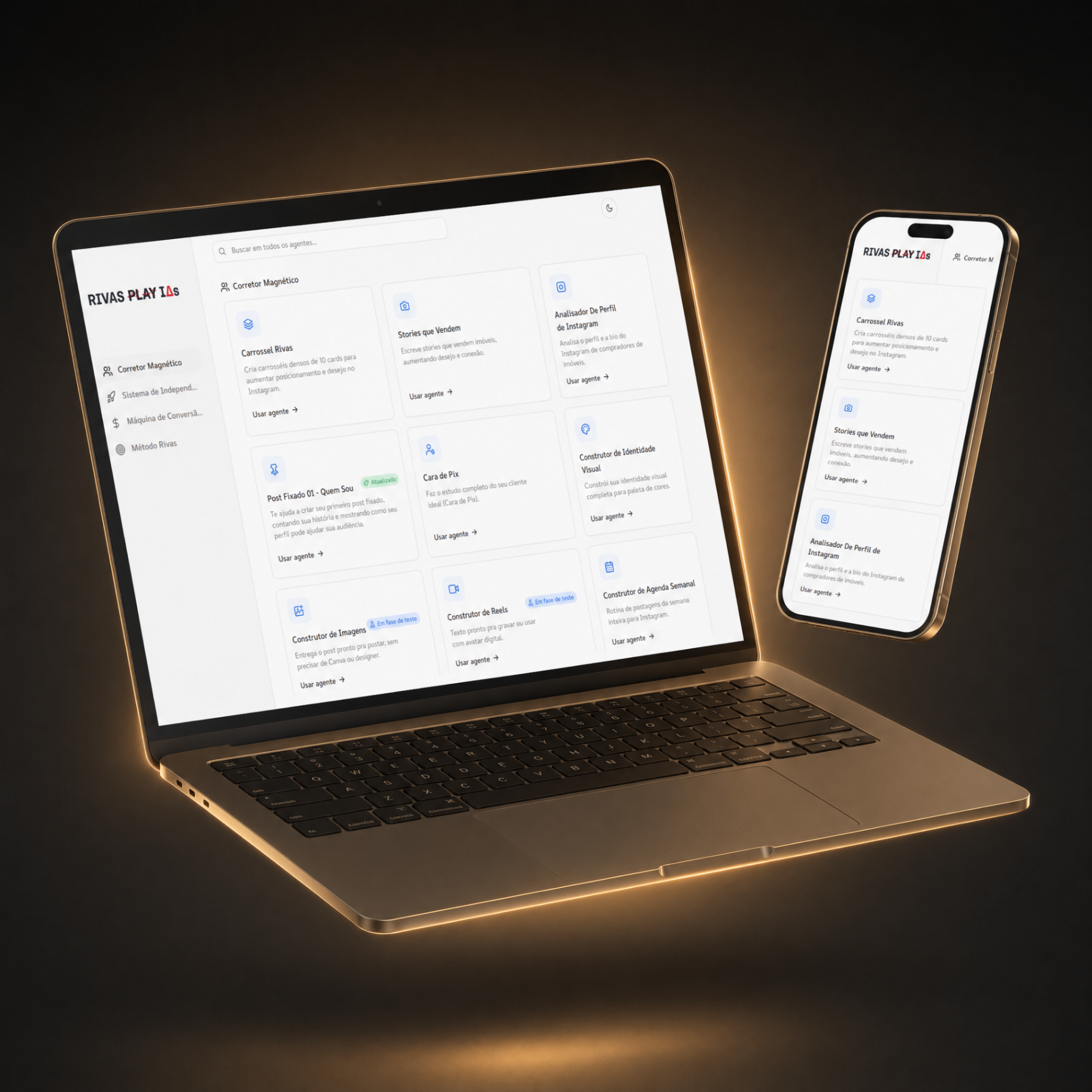 Plataforma Rivas Play IAs no notebook e celular